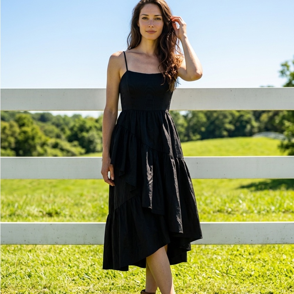 kate spade Black Asymmetrical Tiered Spaghetti-Strap Dress